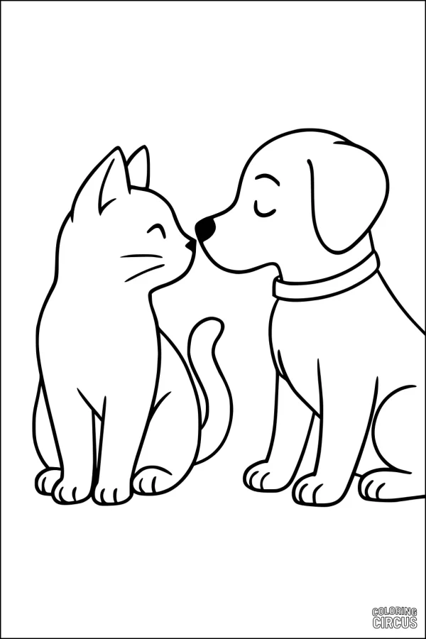 Coloring page featuring a friendly cat and a dog sitting together