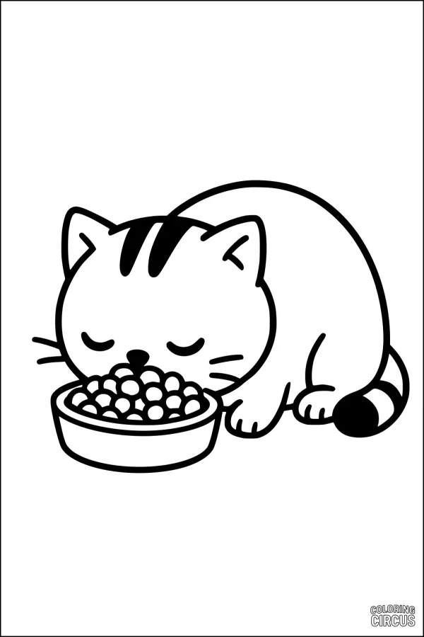 Coloring page of cute cartoon cat eating food from a bowl