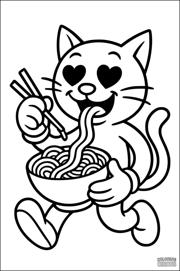 Coloring page of cartoon cat eating noodles with chopsticks and heart eyes