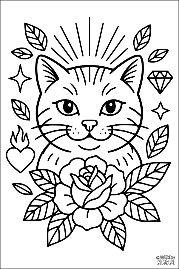 Coloring page featuring a cat with rose, leaves, stars, diamonds, and heart details