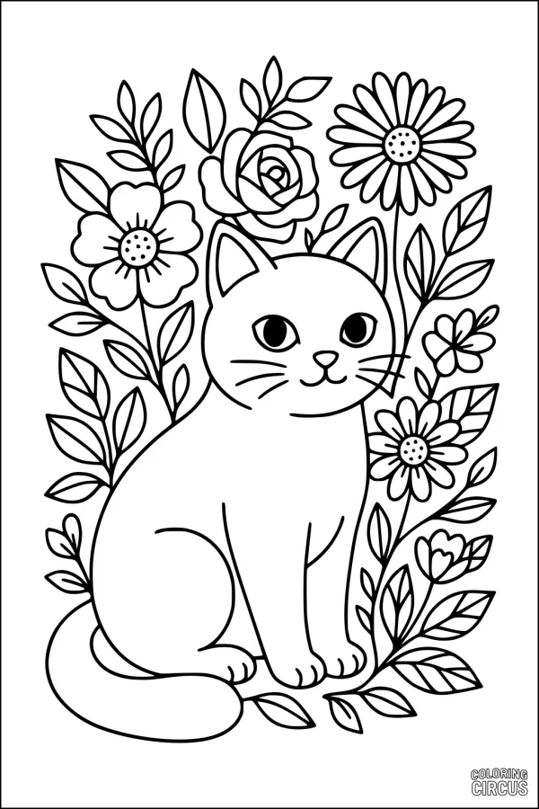 Coloring page cat sitting in a flower garden with daisies and leaves