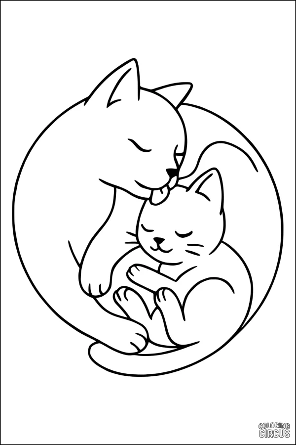 Coloring page of a mother cat licking her kitten as they cuddle in a curled circle