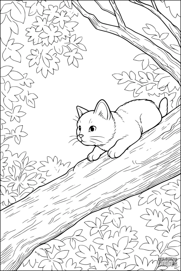 Coloring page of a cat perched on a tree branch surrounded by leaves