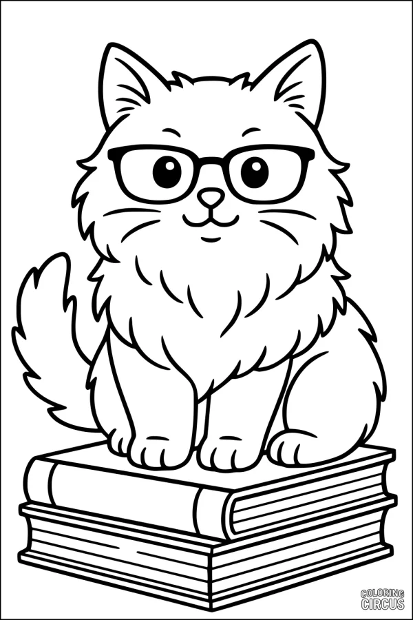 Coloring page of a fluffy cat wearing glasses sitting on stacked books