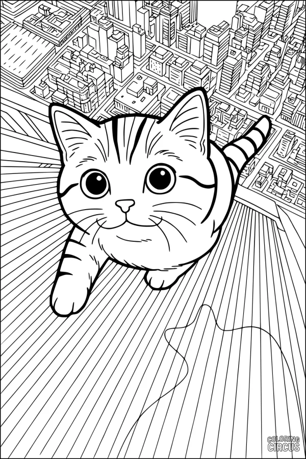 Coloring page showing a cartoon domestic cat on a rooftop overlooking a detailed cityscape