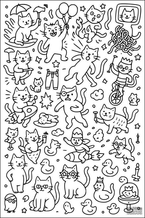 Coloring page filled with playful cartoon domestic cats in various funny poses and scenes