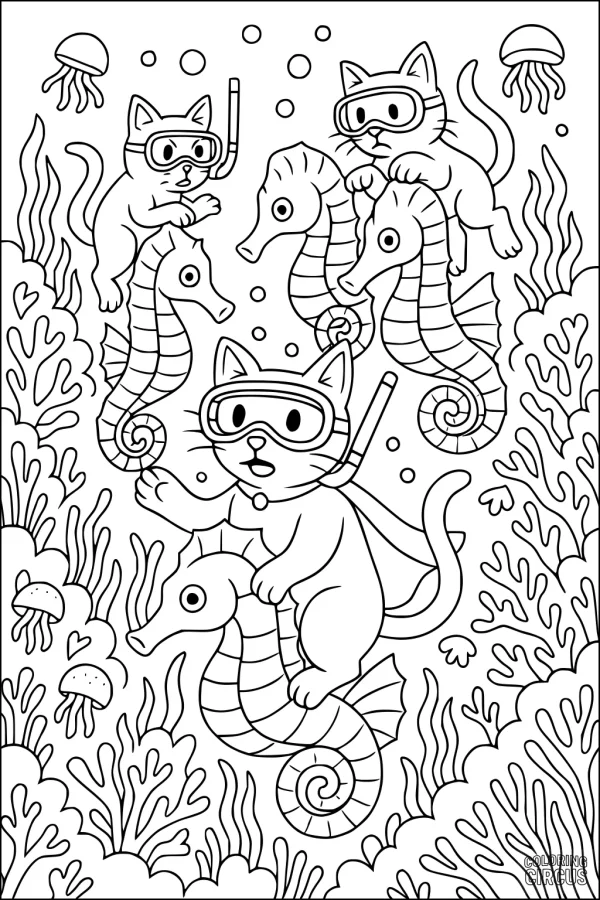 Coloring page of three domestic cats with snorkels riding seahorses under the sea among jellyfish and coral