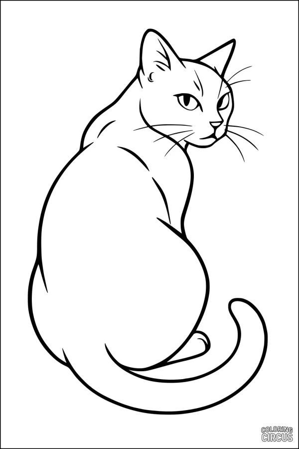 Coloring page of a cat sitting and looking backward with simple outlines for kids
