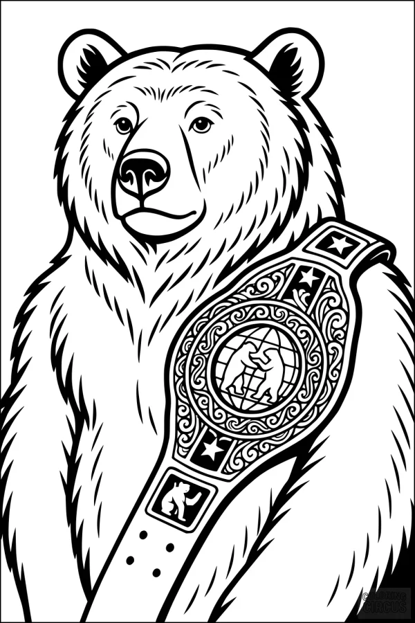 Coloring page of a detailed bear with a decorative championship belt