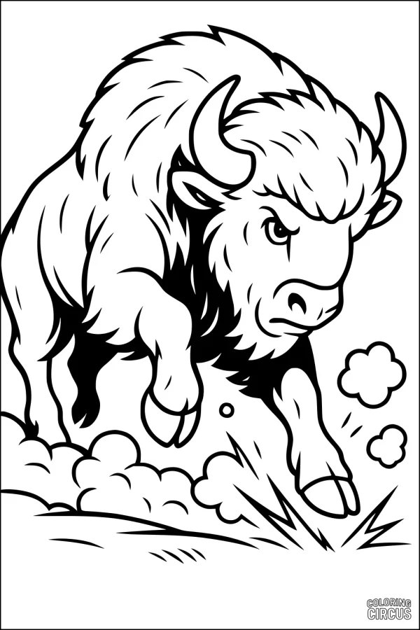 Coloring page of a bison running with dust clouds