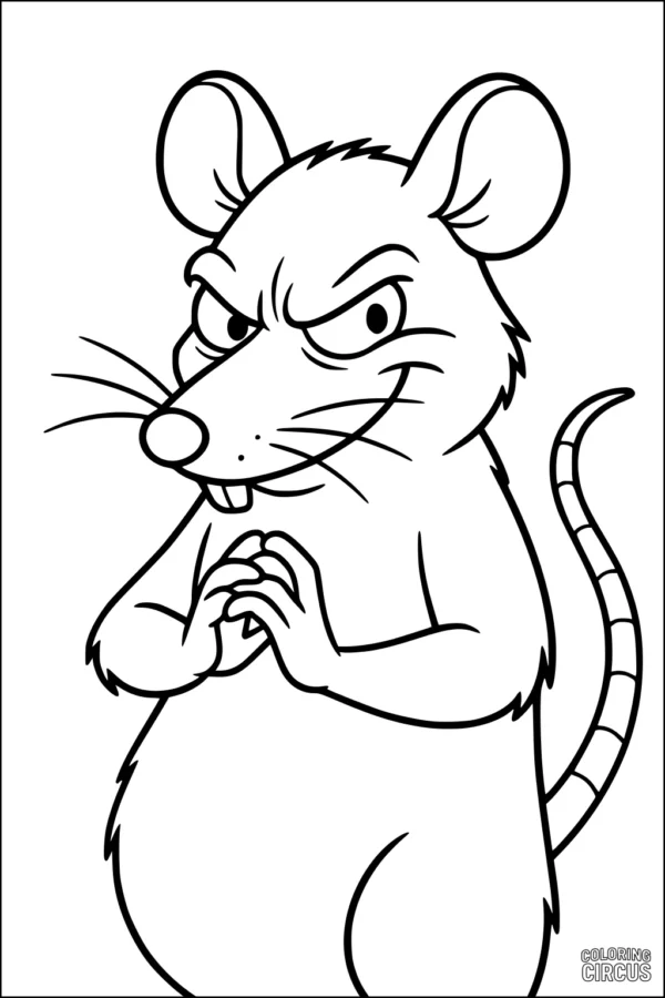 Coloring page featuring a cartoon rat with a mischievous grin and clasped hands