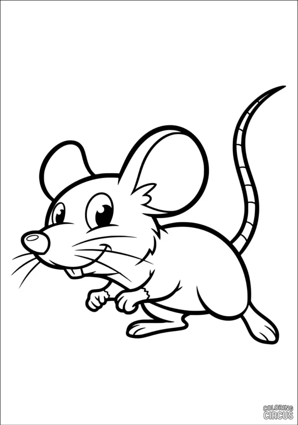 Coloring page of a smiling cartoon mouse with large ears and a long tail