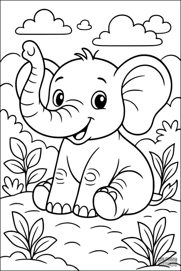 Coloring page showing a cute cartoon elephant sitting on grass with clouds and plants around