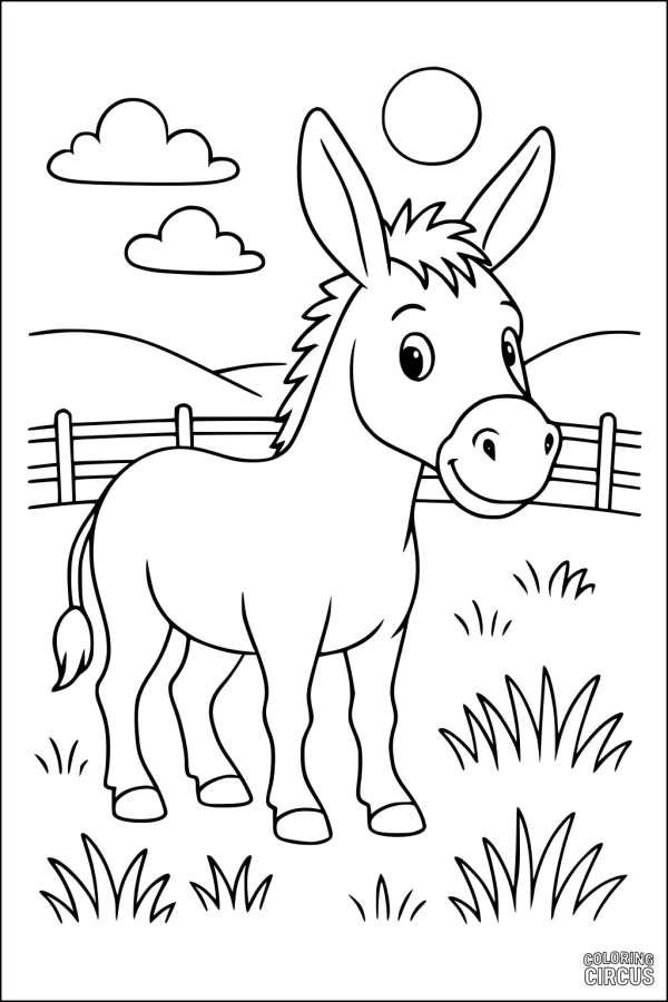 Coloring page featuring a cute donkey in a sunny farm field with fence and grass