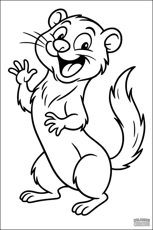 Coloring page of a cartoon ferret waving and smiling