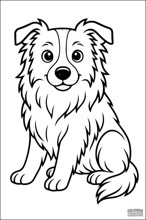Coloring page of a cute fluffy dog sitting and smiling