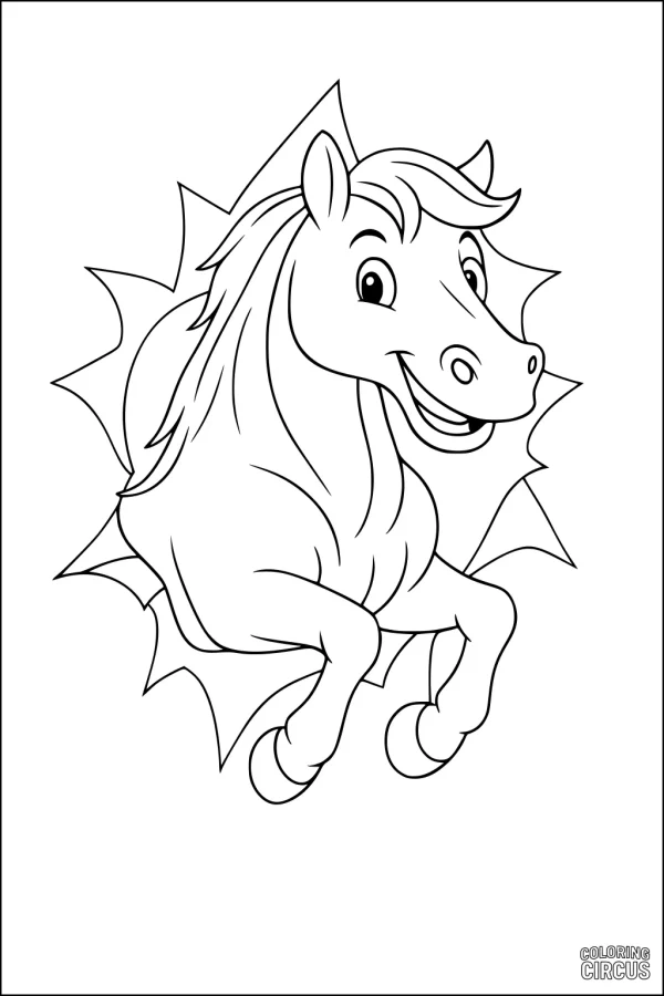 Coloring page of a happy cartoon horse bursting through a wooden fence, suitable for young children