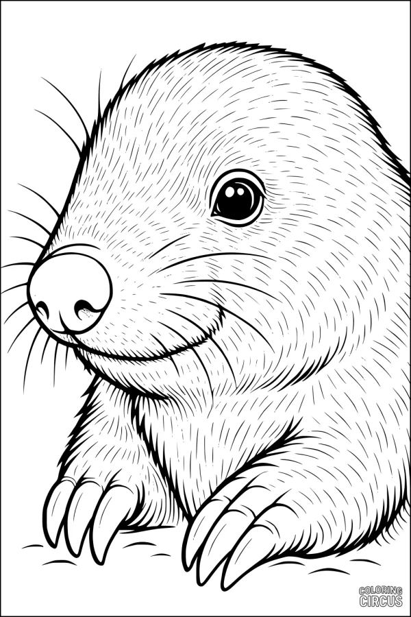 Coloring page showing a friendly, detailed mole with large claws and soft fur
