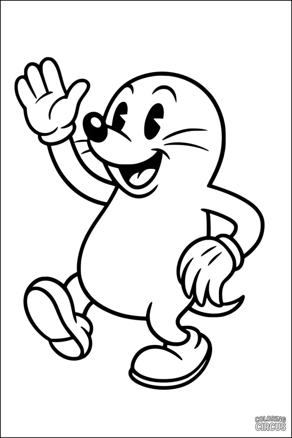 Coloring page showing a happy cartoon mole waving hello while walking