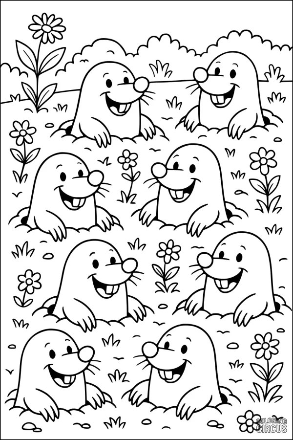 Coloring page with seven smiling moles in a field with flowers