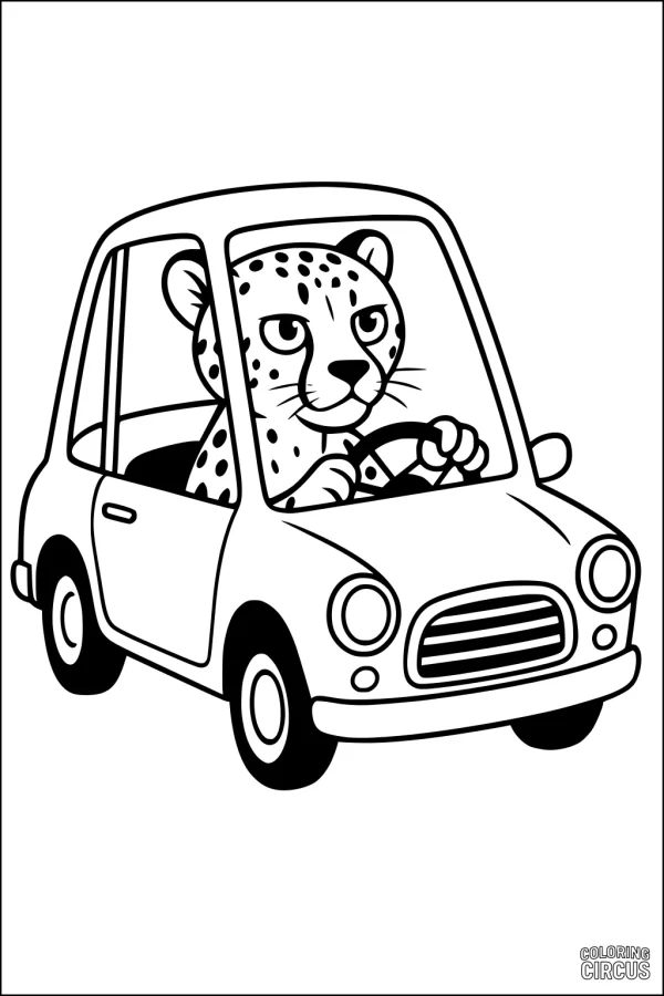 Coloring page of a cartoon cheetah driving a small car for kids