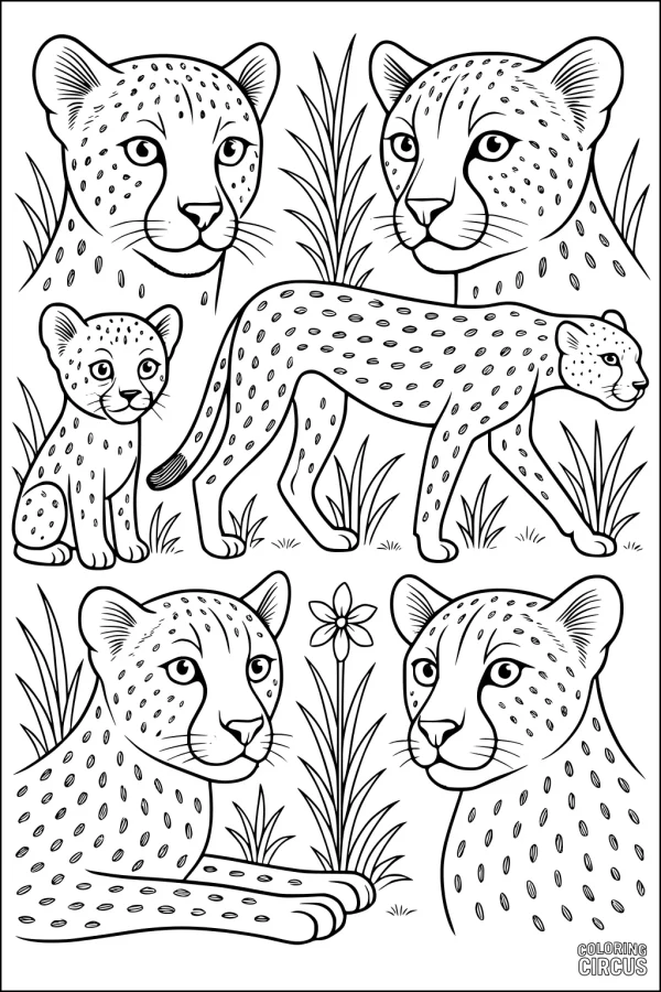Coloring page with multiple cheetahs and grass in a savannah setting