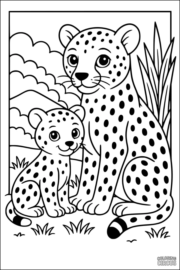 Coloring page showing a cute cheetah cub and adult sitting together on the grass in the savanna