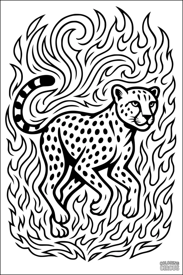 Coloring page cheetah surrounded by swirling flames patterns