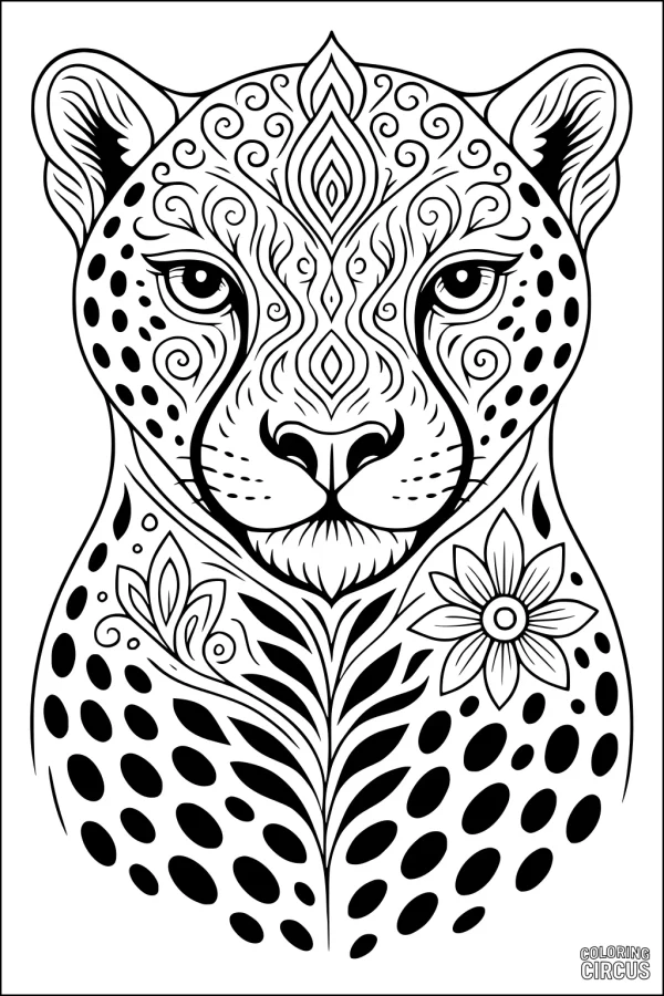 Coloring page featuring a cheetah face with intricate floral mandala patterns