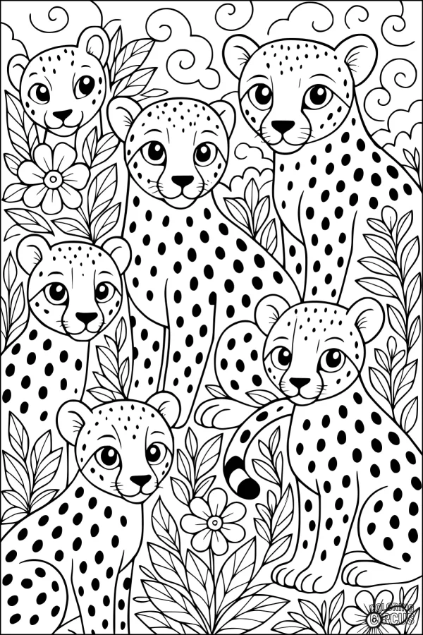 Coloring page featuring five cute cheetahs in a floral garden with leaves and flowers