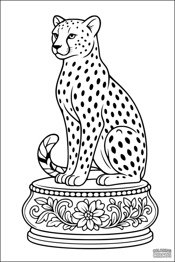 Coloring page showing a cheetah sitting on a decorated pedestal with floral designs