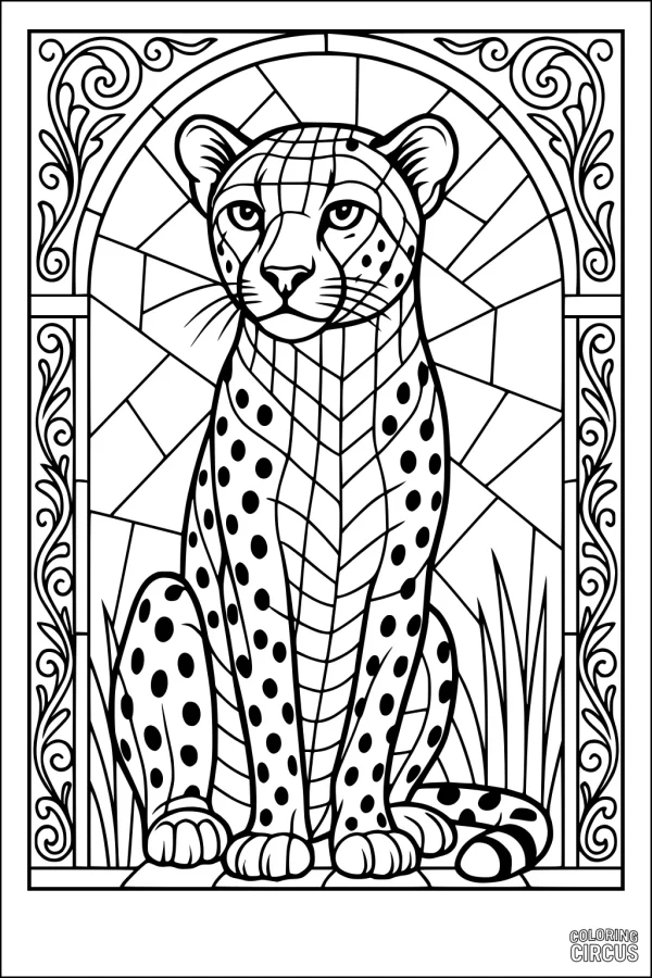 Coloring page featuring a cheetah sitting in a decorative garden frame with sunburst and vine patterns