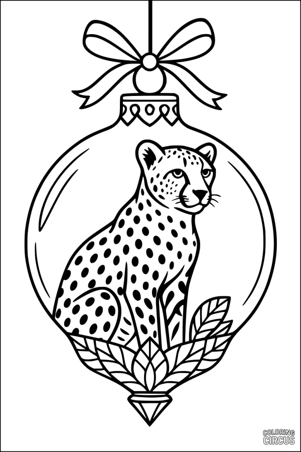 Coloring page featuring a cheetah sitting inside a festive holiday ornament with decorative leaves and a ribbon bow