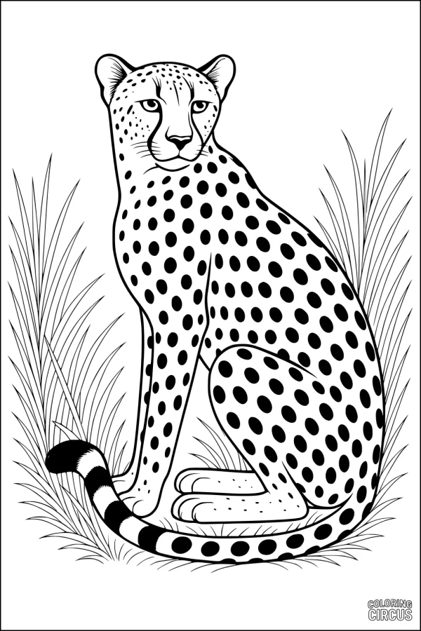 Coloring page of a cheetah with spots sitting in tall grass, facing forward