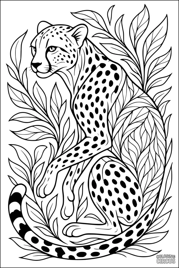 Coloring page featuring a cheetah surrounded by leafy plants