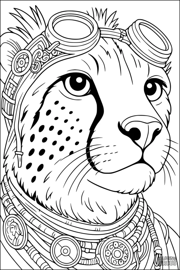 Coloring page of a detailed steampunk cheetah with goggles and decorative necklaces