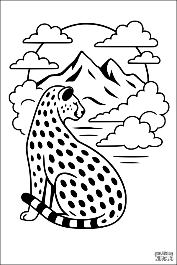 Coloring page features a cute cheetah sitting and looking at mountains with clouds in the background
