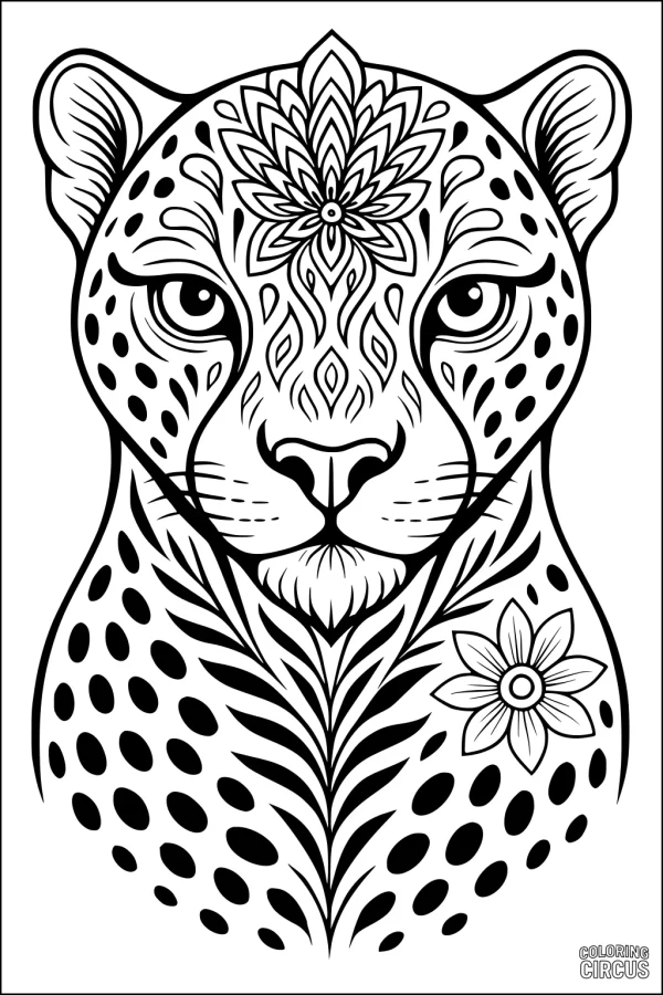Coloring page featuring a detailed cheetah face with flowers and decorative patterns, nature-inspired for kids and adults