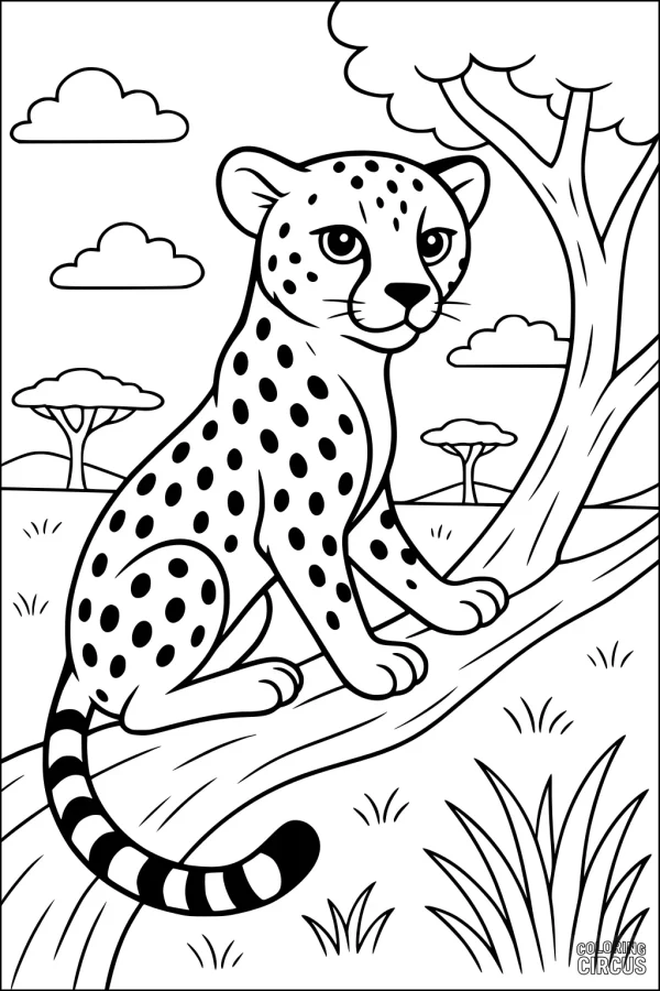 Coloring page featuring a friendly cheetah cub sitting on a tree branch in an African savanna scene