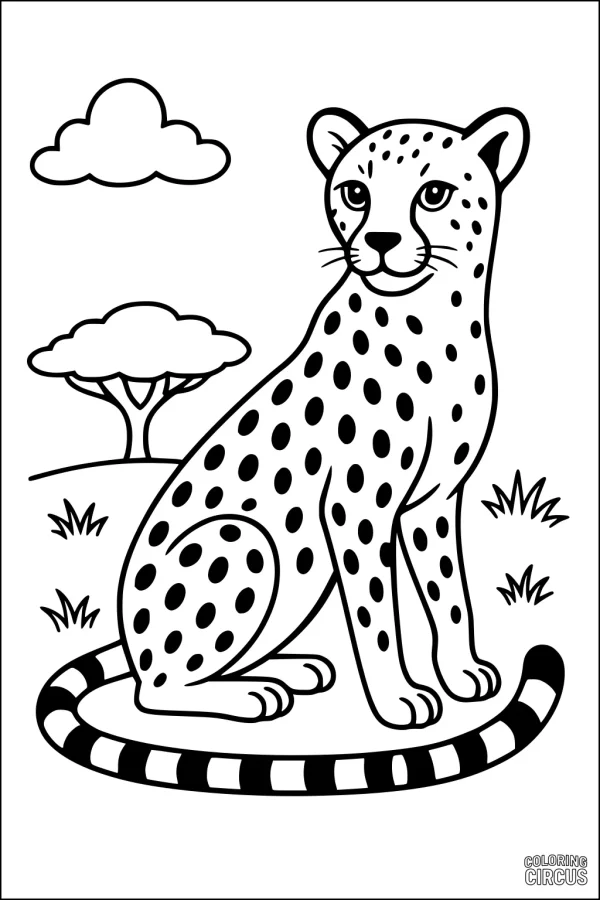 Coloring page featuring a cartoon cheetah sitting in a grassy savanna with trees and clouds in the background