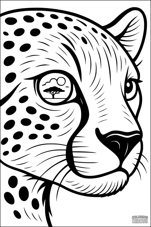 Coloring page of cheetah face with savanna reflected in eye