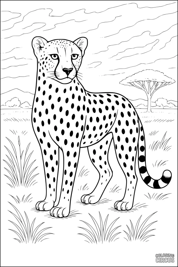 Coloring page showing a cheetah standing on an African savanna with grass, trees, and sky in the background