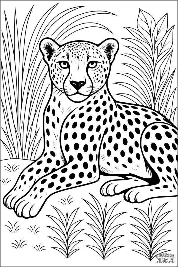 Coloring page of a cheetah resting among tall savanna grasses