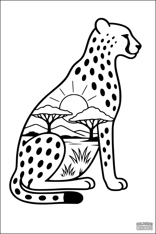 Coloring page featuring a cheetah with an African sunrise and savanna scene inside its silhouette