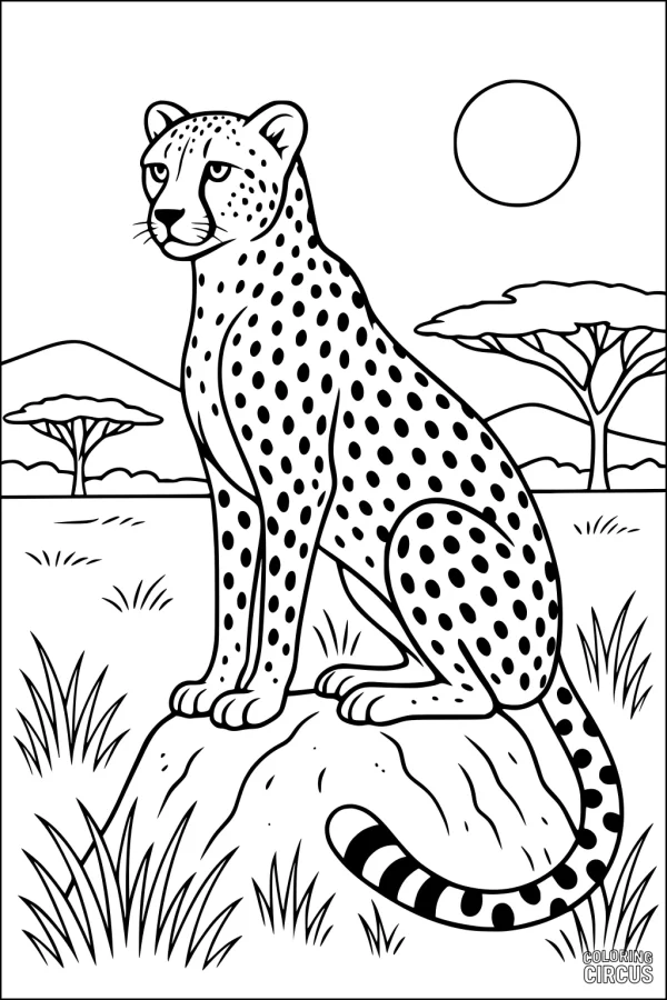 Coloring page of a cheetah sitting on a rock in the savanna with trees and sun in the background
