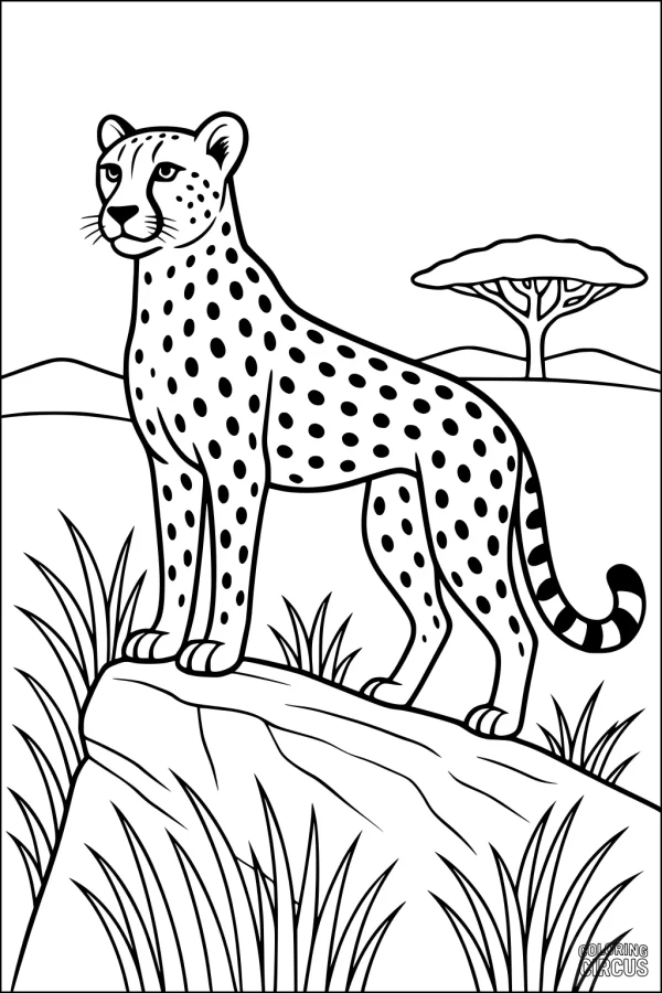 Coloring page showing a cheetah standing on a rock in an African savannah landscape with grass and a tree