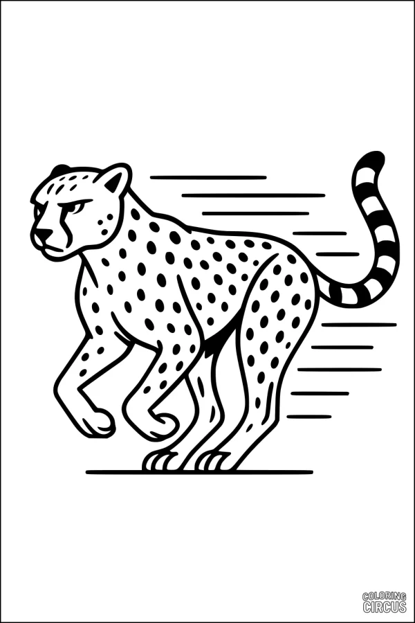 Coloring page showing a cheetah running with bold spots and a striped tail
