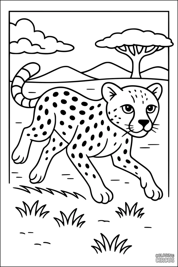 Coloring page featuring a cartoon cheetah running on an African savannah with clouds, mountains, and a tree