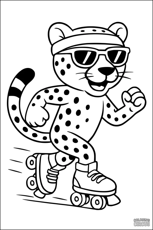 Coloring page of a cartoon cheetah roller skating with sunglasses and a headband