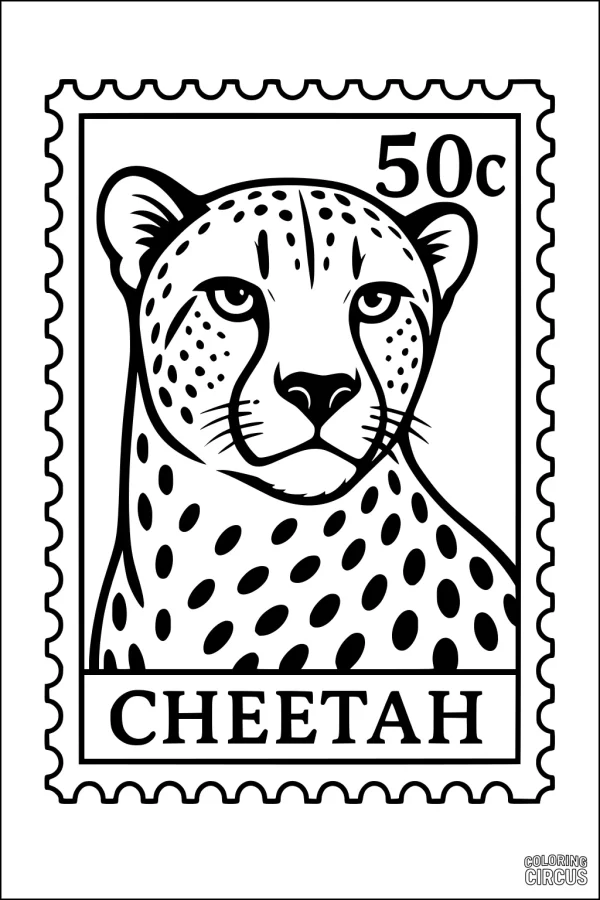 Coloring page featuring a cheetah on a postage stamp for kids